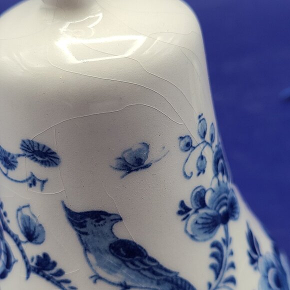 Two Blue White Porcelain Bells Delft Bird Floral 4" and Unknown Signed Floral 2" - Picture 7 of 13
